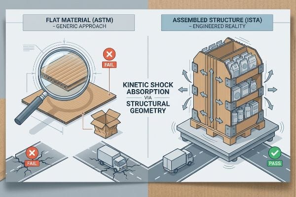 Infographic comparing Flat Material (ASTM) failure to Assembled Structure (ISTA) success for Kinetic Shock Absorption via Structural Geometry in corrugated displays.