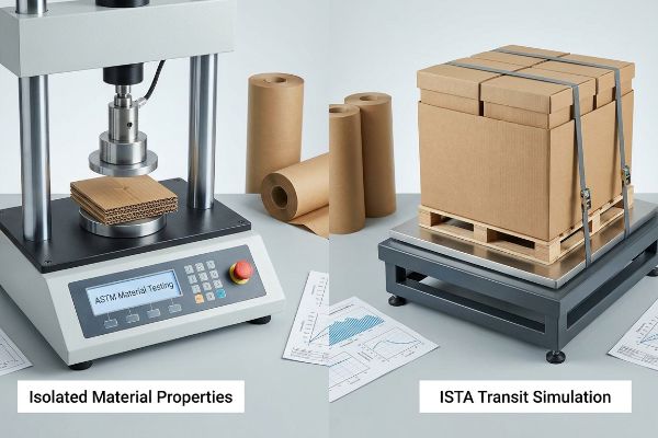 ASTM Material Testing of corrugated cardboard on a compression machine contrasted with ISTA Transit Simulation of strapped boxes on a pallet.