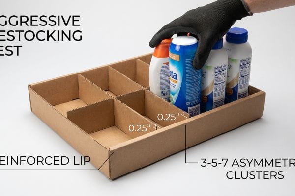 Brown corrugated cardboard tray with modular dividers, a gloved hand placing bottles. Features 'Reinforced Lip', '0.25-inch' clearance, and '3-5-7 Asymmetric Clusters' for aggressive restocking.