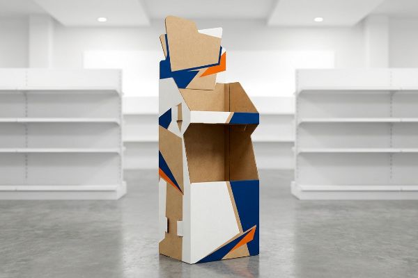Cardboard POP display with asymmetric die-cut design, featuring kraft, white, blue, and orange geometric shapes in a retail aisle.