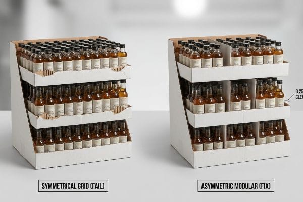 White corrugated cardboard retail displays contrast a Symmetrical Grid (Fail) with torn lips against an Asymmetric Modular (Fix) showing 0.25-inch clearance for small bottles.