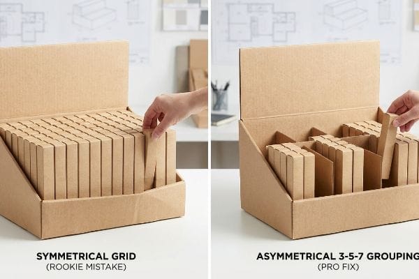 Display Grouping Rookie Pro Brown corrugated cardboard display showing a Symmetrical Grid (Rookie Mistake) versus Asymmetrical 3-5-7 Grouping (Pro Fix) for product arrangement.