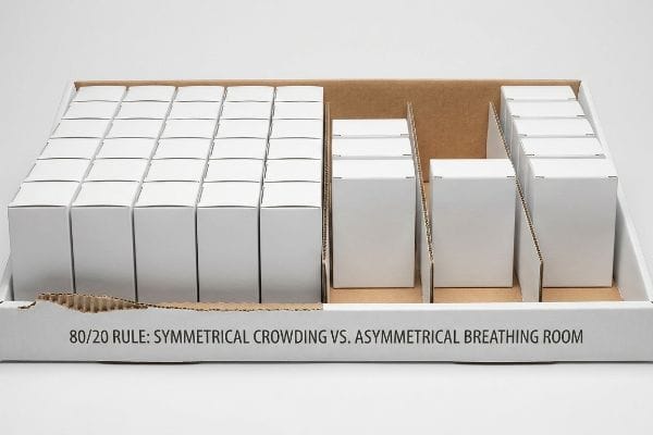 Corrugated cardboard display tray illustrating the 80/20 Rule: Symmetrical Crowding Vs. Asymmetrical Breathing Room, with white product boxes.