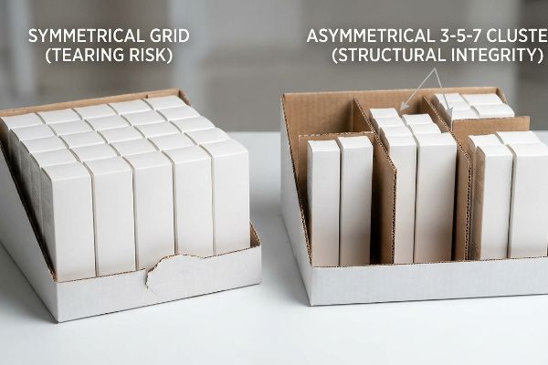 Cardboard display trays show a Symmetrical Grid (Tearing Risk) of white boxes and an Asymmetrical 3-5-7 Cluster (Structural Integrity) with modular dividers.