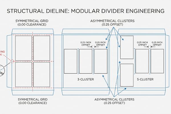 Structural dieline shows modular dividers: Symmetrical Grid (0.00 Clearance) vs. Asymmetrical Clusters (0.25 Offset) for 3- and 5-product layouts.