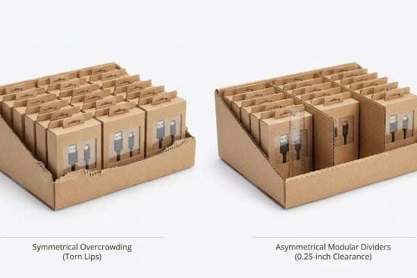 Les plateaux de présentation en carton ondulé présentent un encombrement symétrique avec des bords déchirés, contrairement aux séparateurs modulaires asymétriques avec un dégagement de 0,25 pouce.
