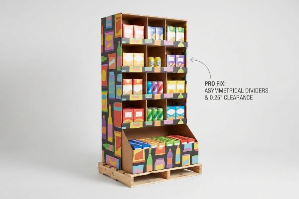 Corrugated cardboard half pallet merchandiser with colorful product graphics, featuring Pro Fix: Asymmetrical Dividers & 0.25