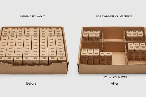 Merchandising Layout Comparison Two corrugated cardboard trays compare product layouts: a "Before" Uniform Grid Layout of SKUs versus an "After" 3-5-7 Asymmetrical Grouping with a 0.25-inch Mechanical Buffer.