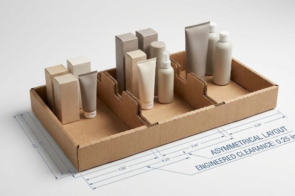 Corrugated cardboard tray with modular dividers holds cosmetic products, showing Asymmetrical Layout and 0.25-inch Engineered Clearance.