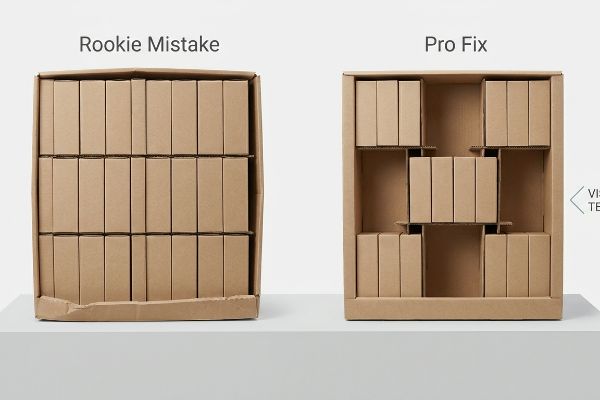 茶色の段ボール箱は、「初心者のミス」を象徴する左右対称の商品詰め込みと、「プロの解決策」を象徴する非対称の商品陳列、そして0.25インチの隙間とのコントラストを生み出している。.