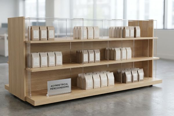 Light oak wood display with clear acrylic modular dividers showcasing kraft paper packages and an Asymmetrical Merchandising sign.