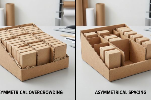Brown corrugated display trays compare 'Asymmetrical Overcrowding' of packed boxes to 'Asymmetrical Spacing' with dividers.
