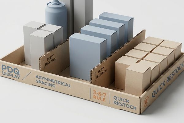 Corrugated PDQ Display tray with Asymmetrical Spacing, showing 0.25
