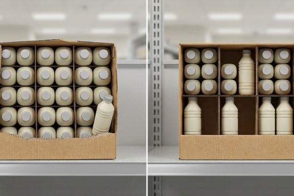 Brown corrugated SRP boxes compare dense symmetrical bottle packing to asymmetrical layout with 0.25-inch clearance.