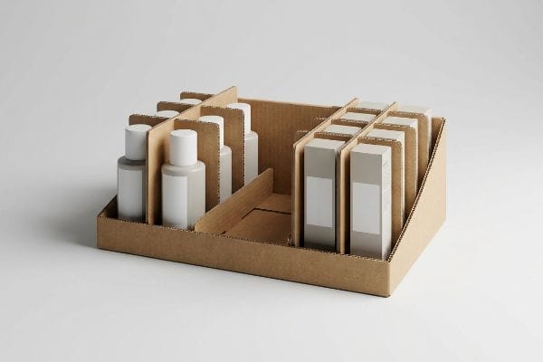 Brown corrugated tray with modular dividers organizes light grey bottles and boxes in an asymmetrical retail display.