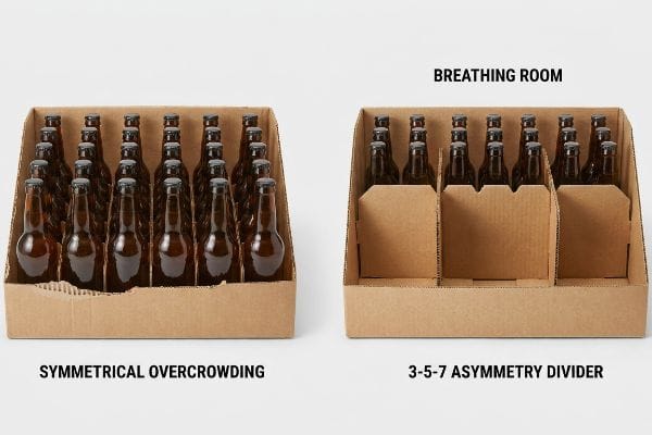 Corrugated cardboard trays compare Symmetrical Overcrowding with a 3-5-7 Asymmetry Divider, showing Breathing Room for bottles.