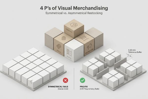 4 P's Visual Merchandising diagram: Symmetrical Fails (Dense Grid) vs. Pro Fix (3-5-7 Asymmetry Rule), showing 6.35 mm Tolerance Buffer.