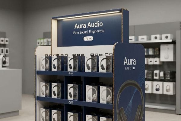Aura Audio Headphone Display An illuminated corrugated Aura Audio POP display features black and white headphones with 'Pure Sound, Engineered' text and a 'Try Me' button.