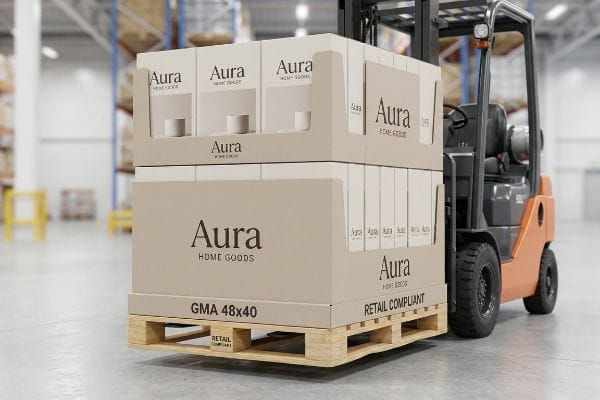 Une palette en bois GMA 48x40 contenant des boîtes conformes aux normes de vente au détail d'Aura Home Goods est déplacée par un chariot élévateur dans un entrepôt.