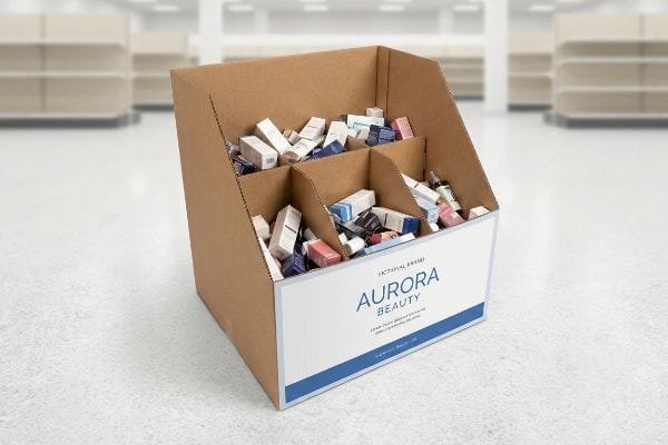 Présentoir de type bac en carton ondulé avec séparateurs en H, rempli de produits cosmétiques Aurora Beauty, dans un magasin de détail.