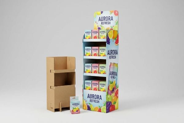 A vibrant custom-printed Aurora Refresh cardboard display stand, filled with fruit-flavored product boxes, stands beside a plain corrugated retail fixture.