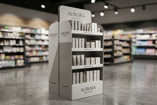 A retail store aisle features a white Aurora Skincare point-of-purchase display, showcasing four shelves of premium beauty products.