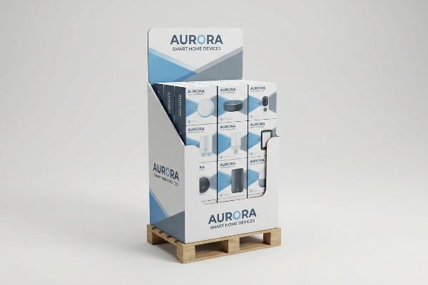 White corrugated cardboard Aurora Smart Home Devices fractional pallet display on a wooden pallet, showcasing various smart home device product boxes.