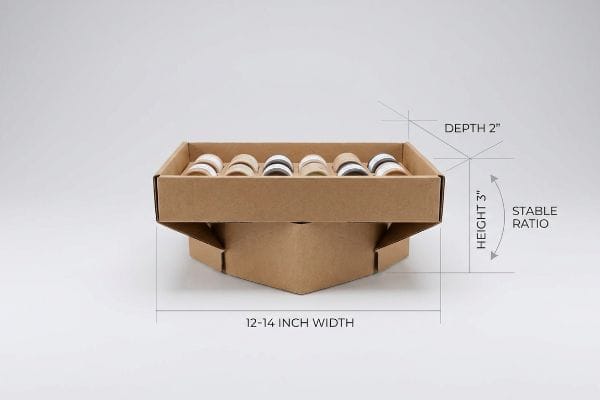 Brown corrugated pop-up display tray, 2-inch Depth, 3-inch Height, 12-14 Inch Width, showing Stable Ratio.