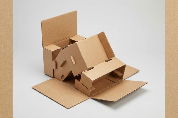 An auto-erecting corrugated cardboard display, partially assembled, showcasing its pre-glued modular architecture for rapid POP setup.
