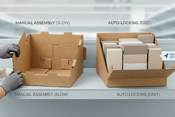 Corrugated PDQ display comparison: Manual Assembly (Slow) with gloved hands vs. Auto-Locking (Fast) pre-packed with retail merchandise.