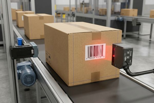 Corrugated cardboard box on an automated conveyor belt, a red laser scanner reading its UCC-128 logistics barcode.