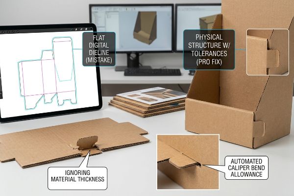 Corrugated display design showing Flat Digital Dieline (Mistake) ignoring material thickness vs. Physical Structure w/ Tolerances (Pro Fix) with Automated Caliper Bend Allowance.
