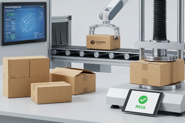 Automated packaging quality control: robotic arm, structural engineering display, compression testing, 'Pass' for 'Custom Automation' box.