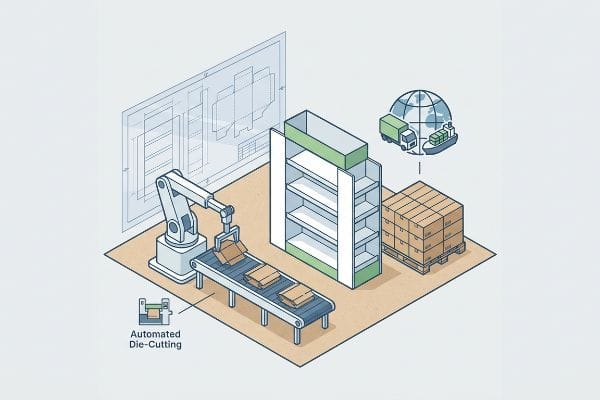 Automated die-cutting with a robotic arm places boxes on a conveyor belt, next to a POP display and global shipping.