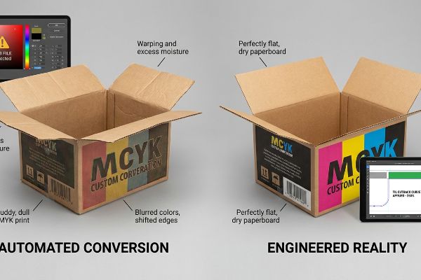 Automated Conversion box: warped, muddy CMYK print. Engineered Reality box: flat, vibrant MCYK Custom Conversion. Total Ink Limit shown.