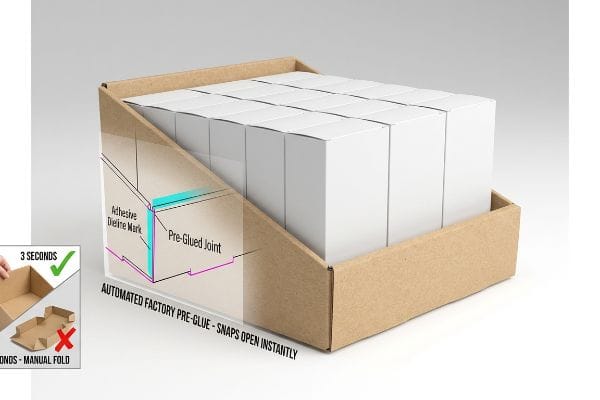 Brown cardboard PDQ display with "Pre-Glued Joint" for "Automated Factory Pre-Glue - Snaps Open Instantly". Inset: 3s vs 45s Manual.