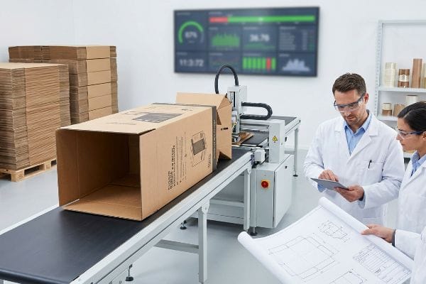 Brown cardboard box on automated assembly line, engineers review digital metrics and blueprints for display manufacturing.
