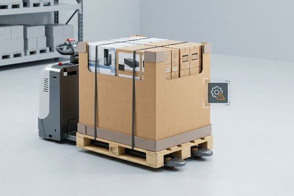 An automated pallet jack moves a corrugated pallet display with products on a GMA wooden pallet in a warehouse, showing a warning icon.