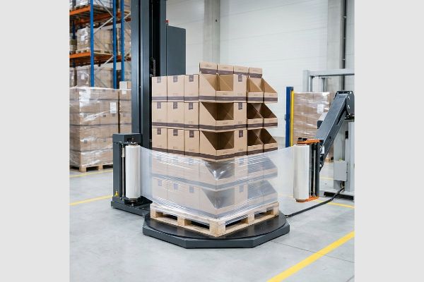 An automated pallet wrapper machine applies clear stretch film to a stack of cardboard display boxes on a wooden pallet in a warehouse.