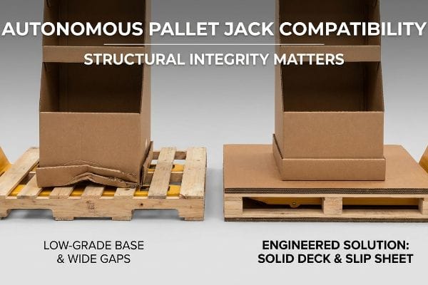 Autonomous Pallet Jack Compatibility: Low-Grade Base & Wide Gaps buckle corrugated display; Engineered Solution: Solid Deck & Slip Sheet.