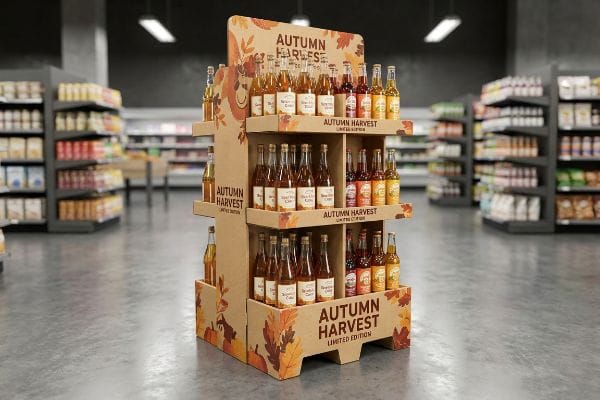Autumn Harvest Display A supermarket aisle features a three-tiered corrugated cardboard display for Autumn Harvest Limited Edition beverages, decorated with autumn leaves.