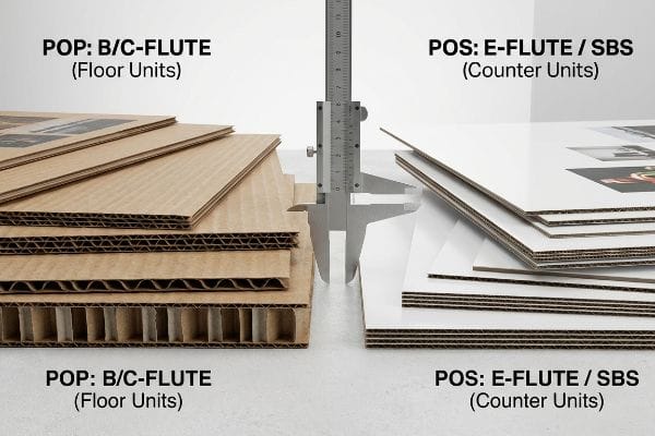 Caliper measures Pop B/C-Flute corrugated board for floor units, alongside Pos E-Flute/Sbs for counter units.