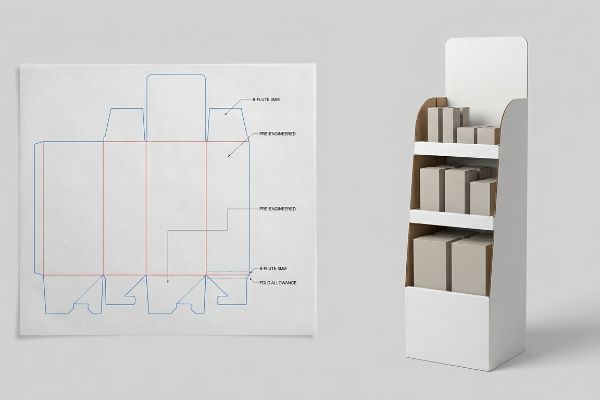 Detailed dieline for a Pre-Engineered corrugated stock display, showing B-Flute 3MM specifications and Fold Allowance, alongside the assembled white display stand filled with small boxes.