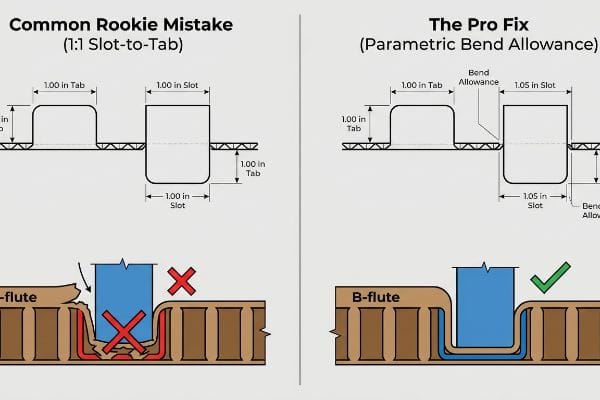 B-flute corrugated board diagram contrasting a 1.00-inch 1:1 slot-to-tab rookie mistake, causing material crush, with the 1.05-inch parametric bend allowance pro fix for smooth assembly.