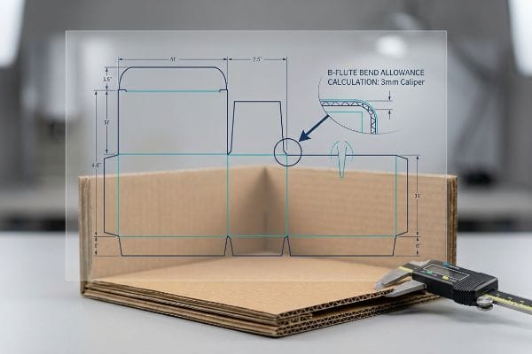 Clear sheet displaying a corrugated dieline with B-Flute Bend Allowance Calculation: 3mm Caliper, measured by a digital caliper.
