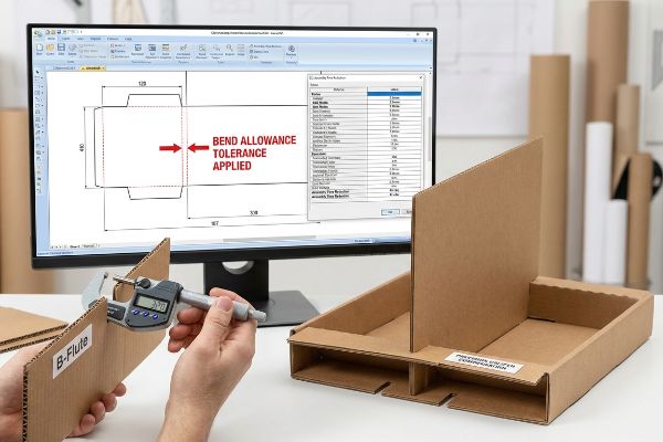 Hands measure B-Flute corrugated board with a micrometer, beside a monitor displaying ArtiosCAD bend allowance tolerance applied to a dieline.