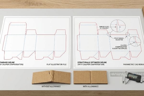 Corrugated dieline comparison: Standard vs. Structurally Optimized with Caliper Compensation, showing 3mm B-Flute Allowance and the resulting clean fold versus a flawed one.