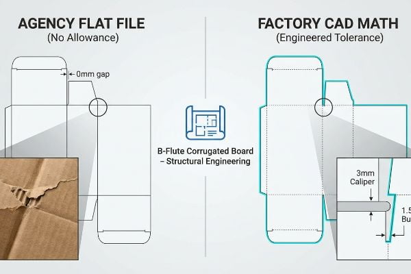 B-flute corrugated board comparison: Agency Flat File 0mm gap vs. Factory CAD Math with 3mm caliper, 1.5mm buffer.