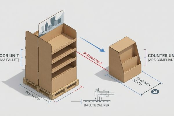 An illustration details the failure of scaling a 48x40 Inch GMA pallet floor unit into a 15-48 Inch ADA compliant counter unit, highlighting the B-Flute caliper measurement.