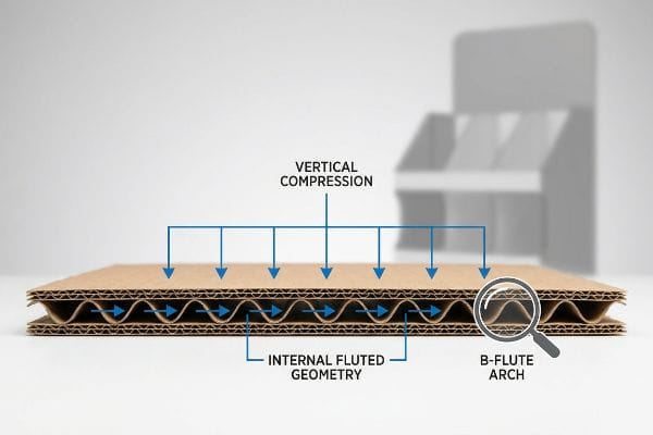 Corrugated cardboard cross-section shows vertical compression on internal fluted geometry, highlighting the B-flute arch.